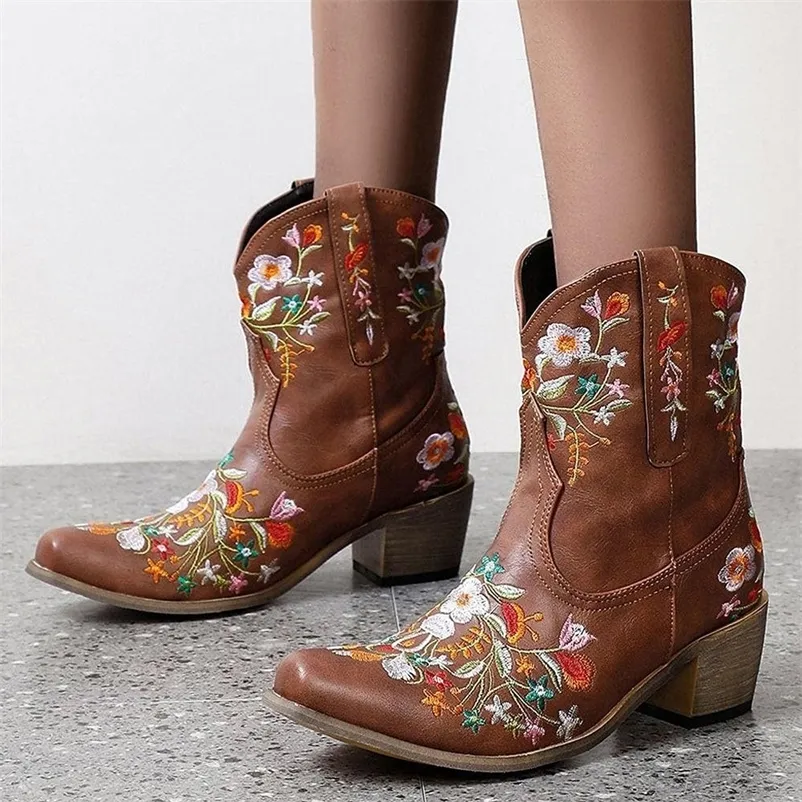 Stiefel Klassisch bestickter Western-Cowboy für Damen, Leder, Cowgirl, niedrige Absätze, kniehohe Damen-Slip-on-Schuhe 231206