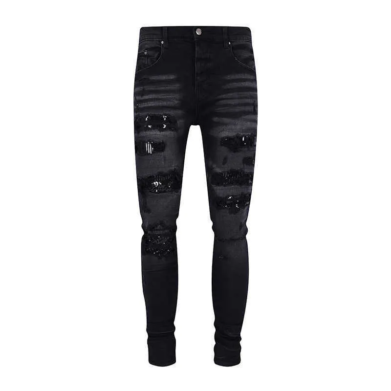 Designer Amirssfog Trendy Brand Black Bull tvättade slitna paljetter broderade smala fit American Jeans Mens High Street Instagram