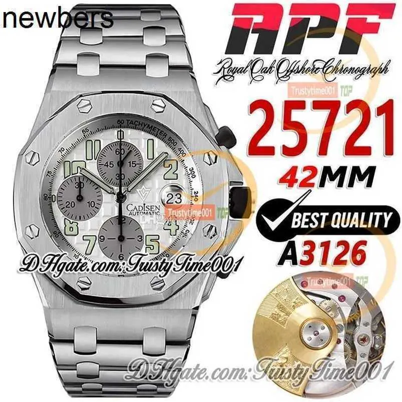 Män Audemar Pigue Watch APF Factory 42mm 25721 A3126 Kronograf Mens White Textured Call Siffer Markers Rostfritt stål Armband Super Editionunqj