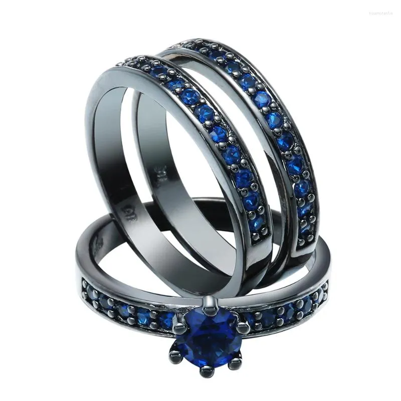 Trouwringen Zwart Set Voor Vrouwen 3 Stuks Mode-sieraden Cadeau Elegante Prinses Verharde Koningsblauw Zirkoon Verlovingsring