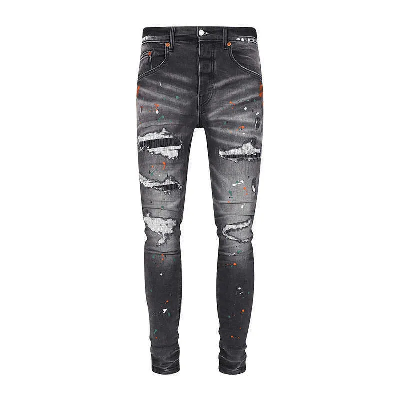 designer amirssTrendy PUR New Men's Worn Scratched and Hole Patch Beggar Jeans Elastic Slim Fit Jeans
