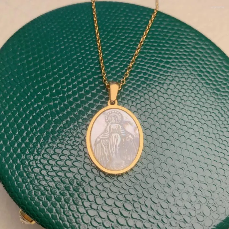 Colares de pingente de aço inoxidável colar jóias religiosa virgem maria pescoço para mulheres banhado a ouro natural mãe de pérola shell
