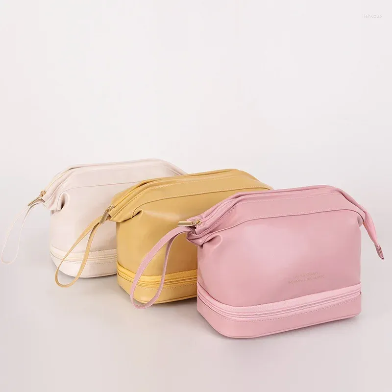 Bolsas de cosméticos de alta capacidad para mujer, bolsa de maquillaje para exteriores, doble bolsa de cuero Pu, organizador grande, Estuche De Viaje