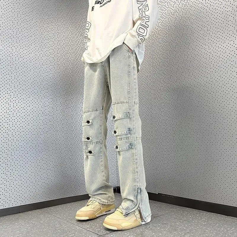 Mäns jeans man cowboy byxor dragkedja bootcut med slitsbyxor blossade last hög kvalitet 2023 koreansk höst denim bomull