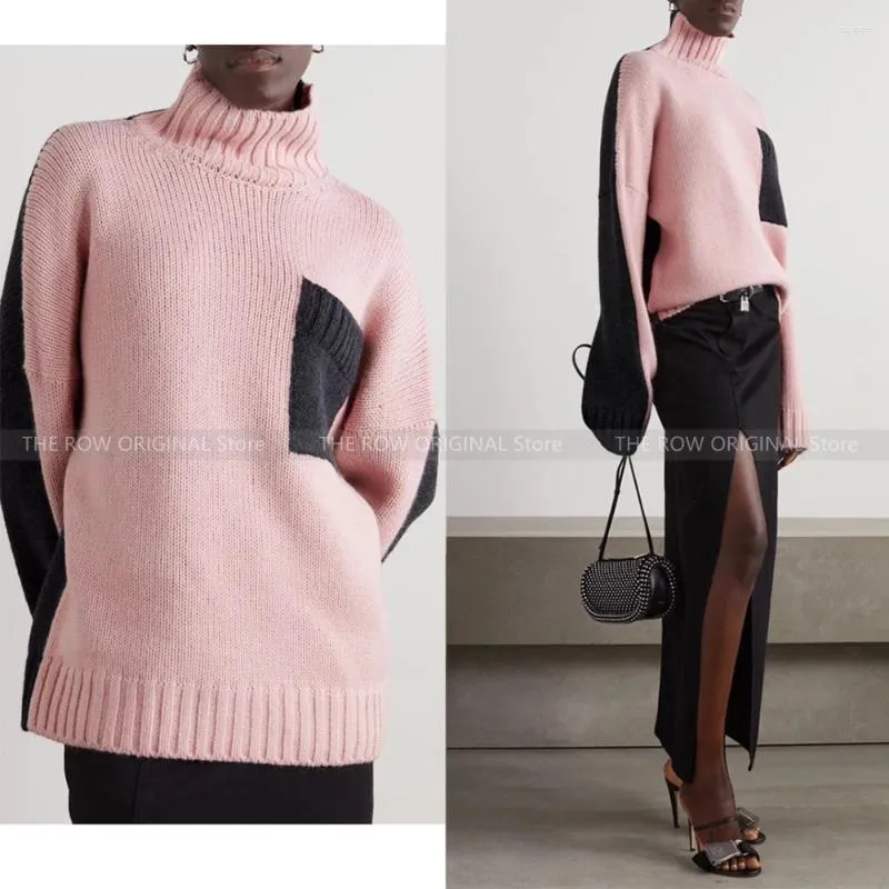 Kadın Sweaters Minimalist Stil Pembe Ekleme Bultleneck Jumper 23 Yıl Sonbahar ve Kış Tasarım Niş Gevşek Çarpışma Cep Triko