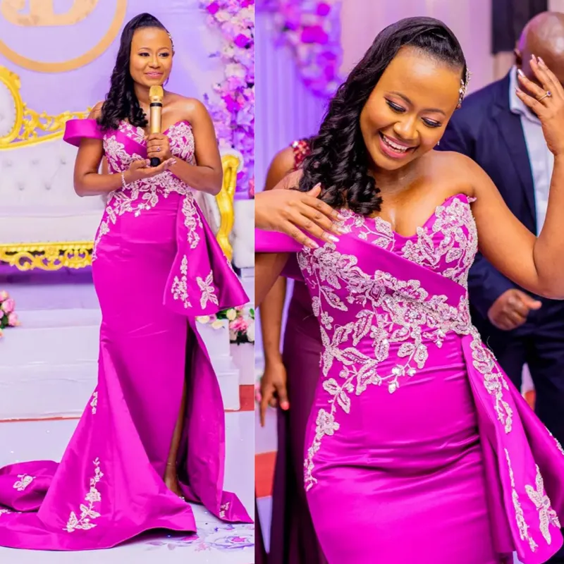 Plus la taille Aso Ebi Promdress Fuchsia sirène une épaule dentelle appliques perlées robe de soirée côté fendu sexy formelle deuxième réception robes de bal robe de soirée AM102