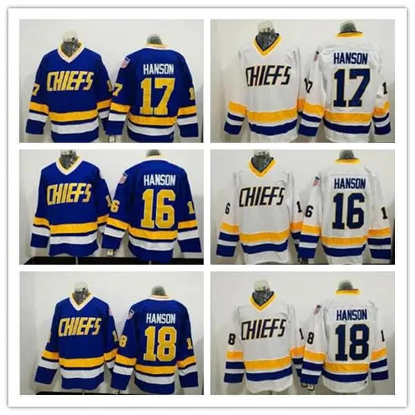 Сшитые хоккейные майки Hanson Brothers # 16 Jack Hanson # 17 Steve # 18 Jeff Charlestown Chiefs Slap Shot Бело-синие хоккейные майки из фильма