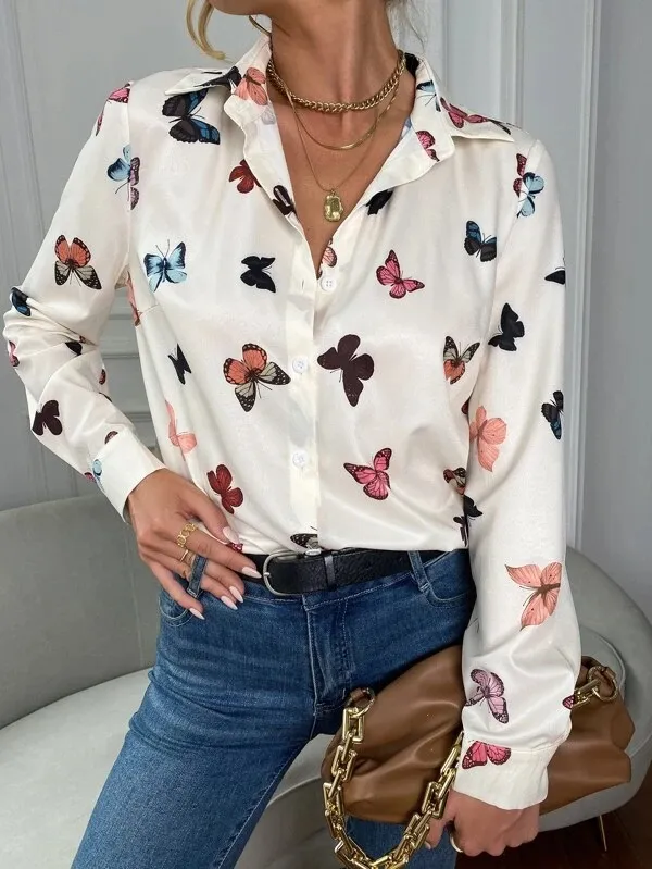 Fashion Butterfly Print Lapel Collar Shirt Women's Single-breasted Splicing Tops Ladies Autumn Long Sleeve Loose Commuter Blouse