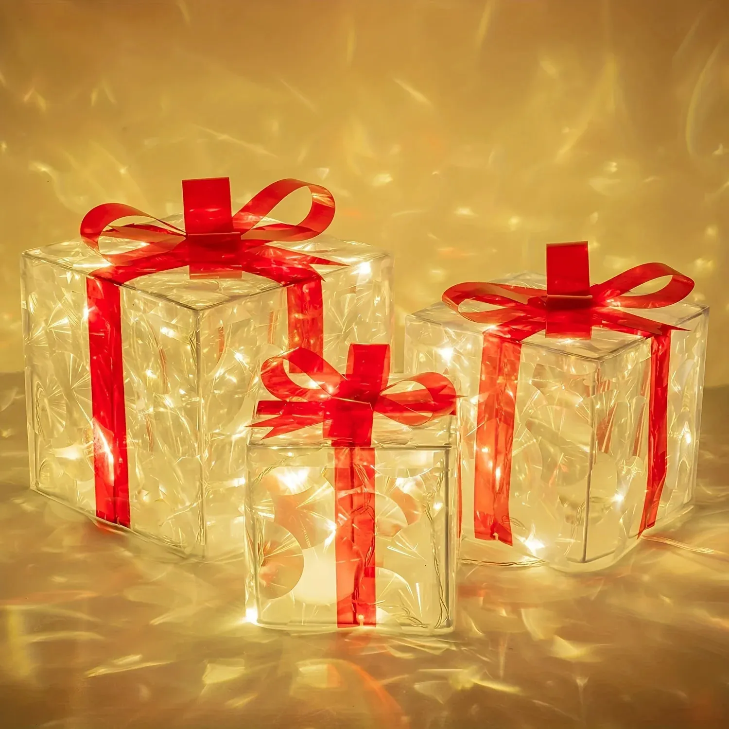 Juldekorationer 3st julklapplådor med LED -lampor smidesjärn Lysande ornament Holiday Year Xmas Gifts Party Indoor Home Decor 231207