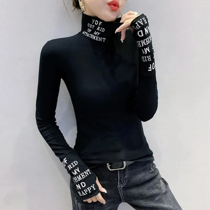 Women's Blouses Black White Long Sleeve T-shirt Women Letters Printed Blouse Femme Elastic Harajuku Tight Turtleneck Top Cotton Tunic