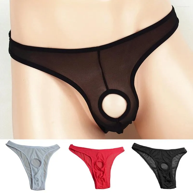 Sous-vêtements sexy hommes slips ouverts avant culottes sous-vêtements pénis poche trou hommes lingerie maille évider transparent haute élastique