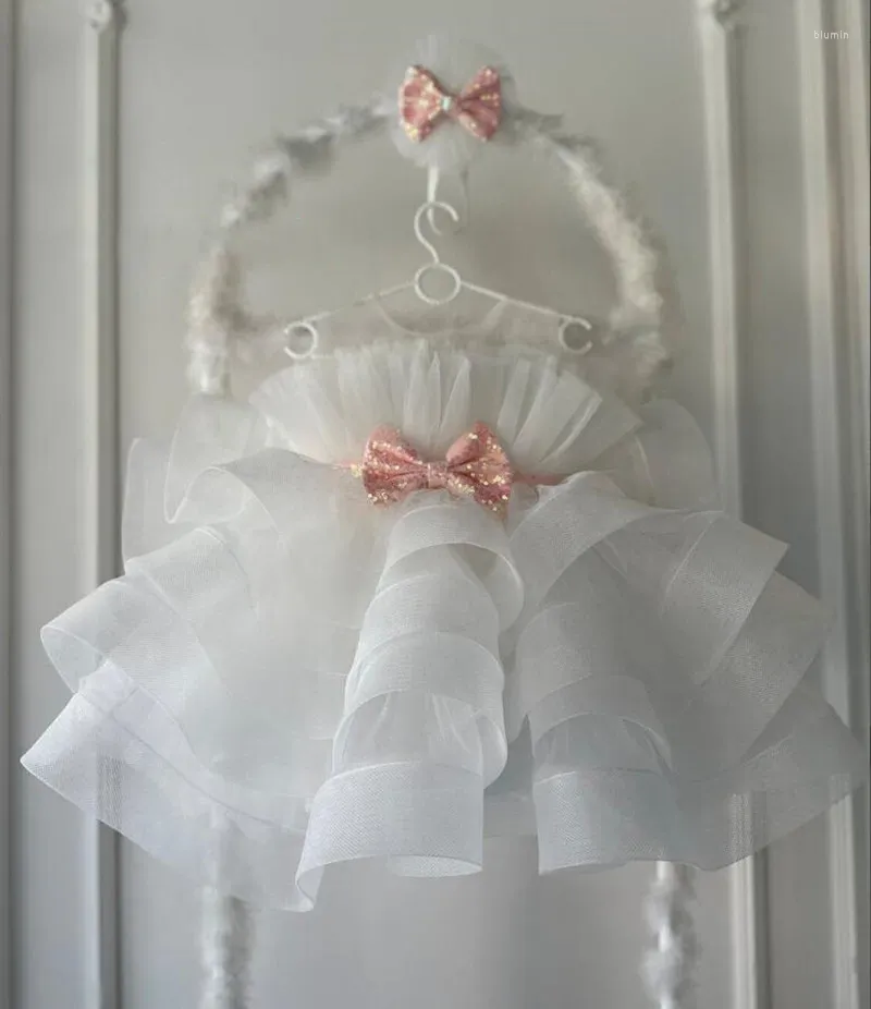 Girl Dresses Puffy Tulle Baby Dress White Organza Tutu Chic Infant 1st Birthday Toddler With Headbow 12M 18M