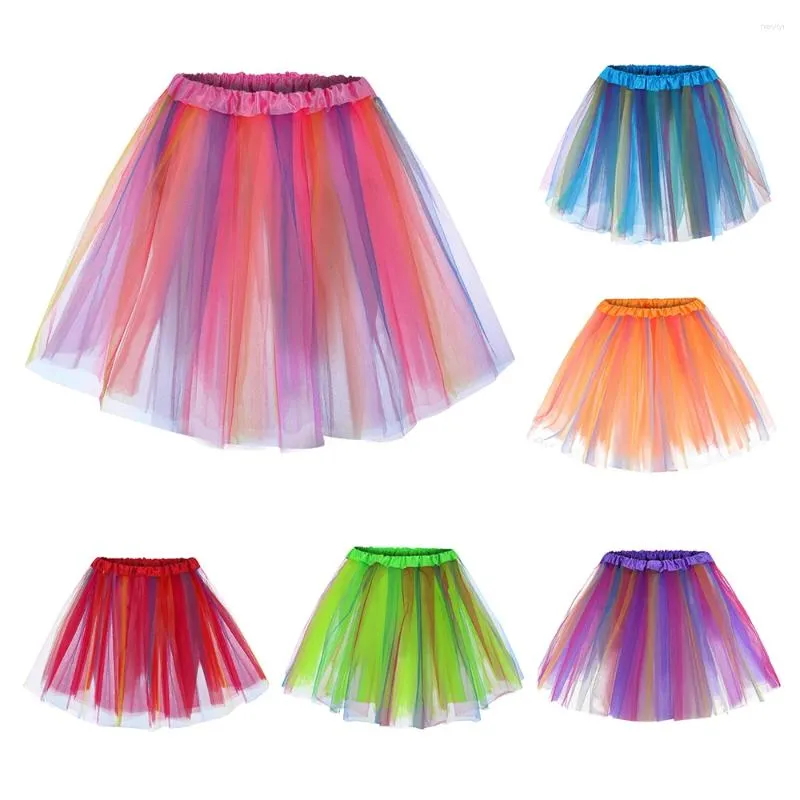 Saias arco-íris listra mulheres tutu curto gaze malha plissada saia menina princesa festa tule vestido de baile mini dança pettiskirt verão