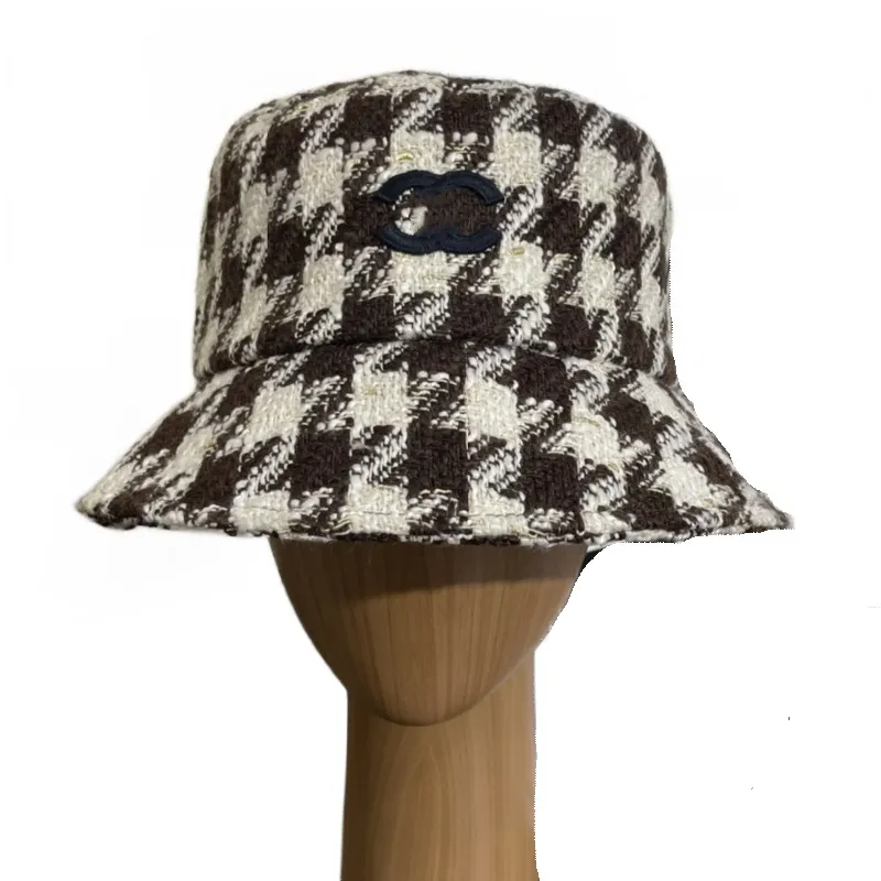 Chapeau seau en coton chaud imprimé pied-de-poule pour femmes, casquette moelleuse à carreaux, couvre-chef résistant au soleil pour l'hiver, cadeau de voyage à la plage