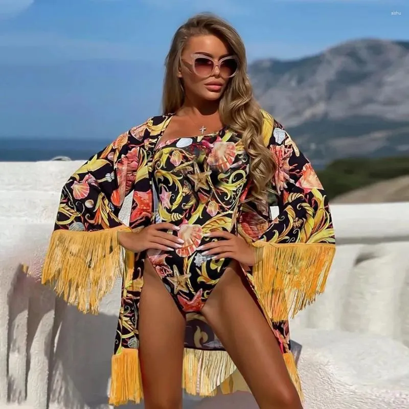 Survêtements pour femmes 2023 Designer de luxe Sexy Beach Set Retro Print Full Sleeve X-Long Tassel Clock Body sans manches Femmes 2 pièces