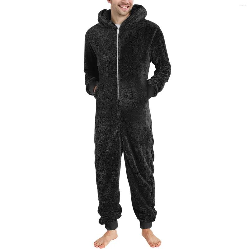 Men's Sleepwear Men Winter Warm Teddy Fleece Stitch Onesie Fluffy One Piece Sleep Lounge Pajama Jumpsuits Hooded Onesies For Adult