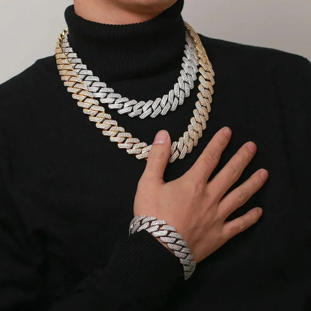 3 Rows 20Mm Vermeil Iced Out Diamonds Moissanite Cuban Link Chain Necklace Bracelet Hip Hop Jewelry For Men