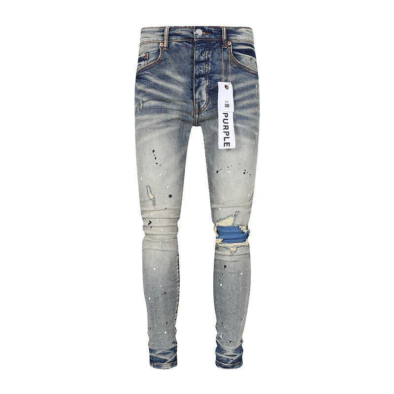 diseñador amirssNuevos jeans de hombre moteados con parche en la rodilla gris claro de vaca de marca púrpura