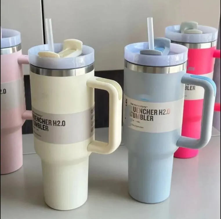 Wholesale encher H2.0 40oz Stainless Steel Tumblers Cups with Silicone handle Lid And Straw 2nd Generation Car mugs Keep Drinking Cold Water Bottles 1026
