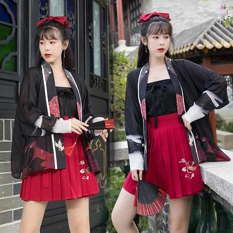 Ethnic Clothing 2PCS Japanese Traditional For Women Kimono Samurai Yutaka Modern Dress Red Skirts Summer Girl Set Cardigan Coat Geisha