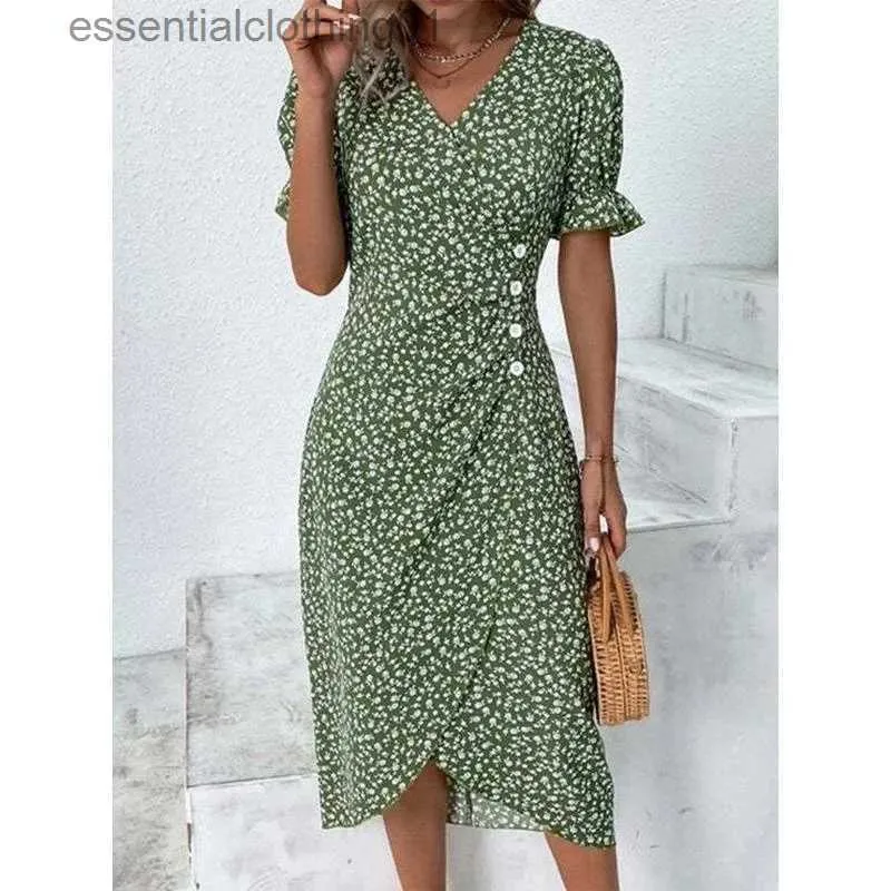 Urban Sexy Dresses Elegant Floral Pleated H shaped Midi Dress Fe V Neck Puff Sle Waist Ruched Button Dresses Women Summer Dress Robe L231208