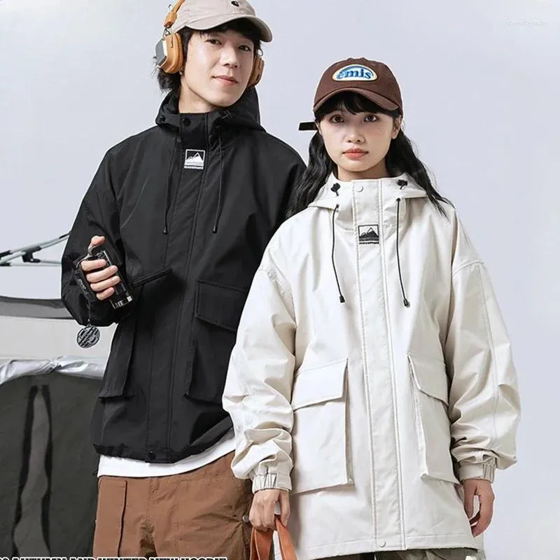 Men's Trench Coats Windproof Boy Outdoor Couple Mountaineering Jacket Multi-pocket Zipper Hooded Solid Warm For And Girl