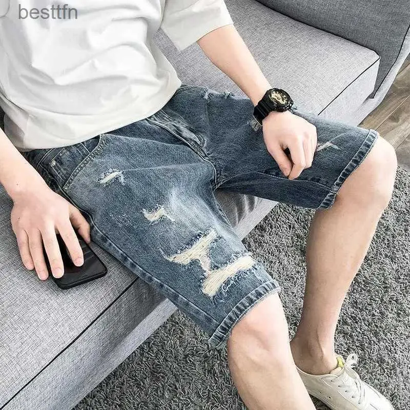 Jeans pour hommes Short en jean pour hommes 2021 nouveau short Hip Hop ample Cargo Style coréen tendance genou longueur lti-poche couleur claire Shorts décontractésL231209