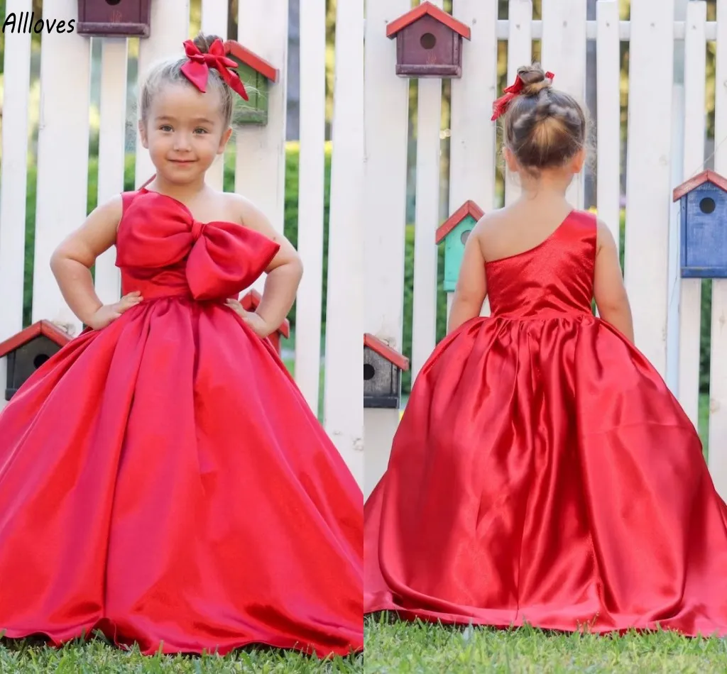 Red Bowknot Satin Flower Girl Dresses Cute One Shoulder Puff Princess Party Birthday Kids Formal Gowns Toddler Little Girl Christmas Wedding Prom Dance Dress CL3026