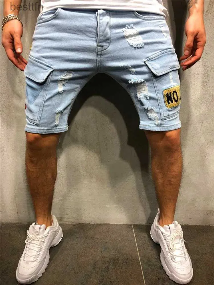 Jeans voor heren Zomer nieuwe stretch gescheurde korte jeans voor heren, streetwear, zakmode, hiphop, blauwe, slanke denim shorts, merk kledingL231208