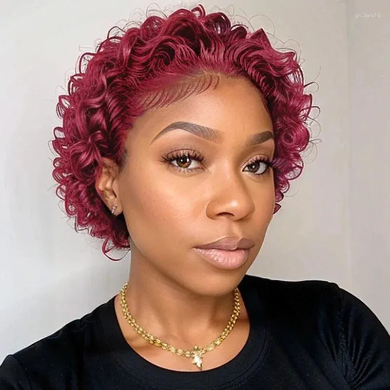 Luvkiss Undetectable Lace Front 99J Burgundy Curly Pixie Cut Wig 150% Density Human Hair Wigs