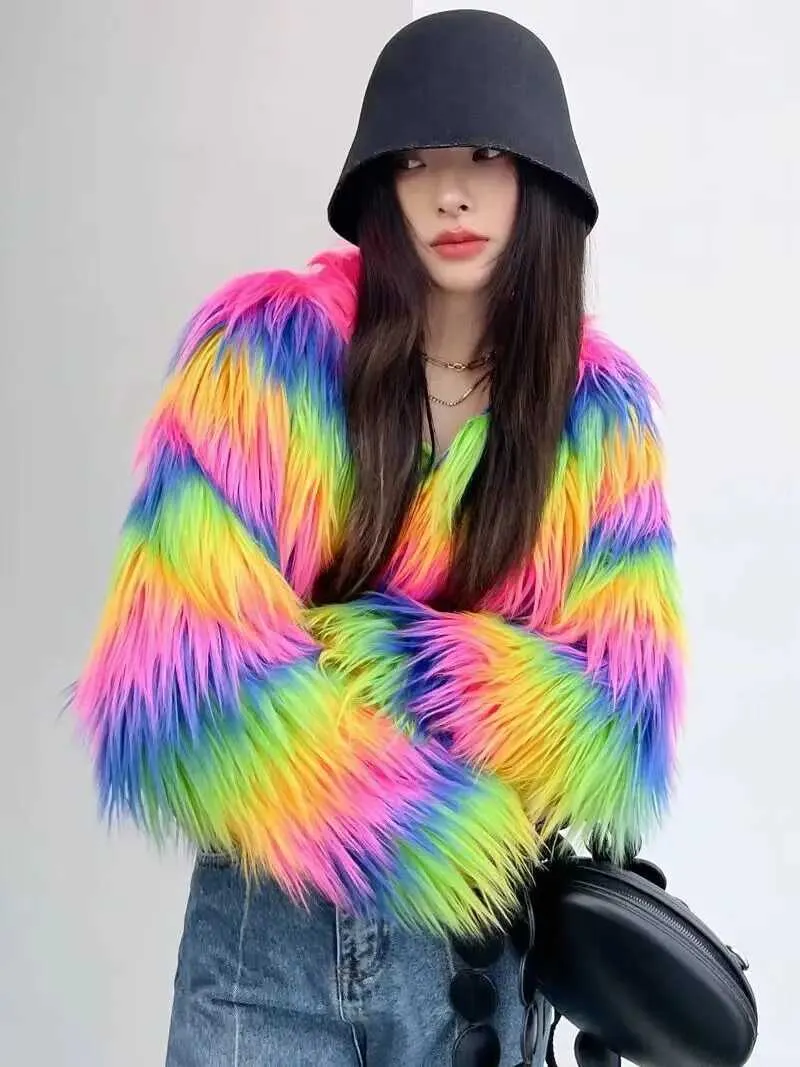 Fashion Colorful Rainbow Hairy Faux Fur Coat Women Crop Top Autumn Winter Fluffy Cropped Jacket Festival Clothing