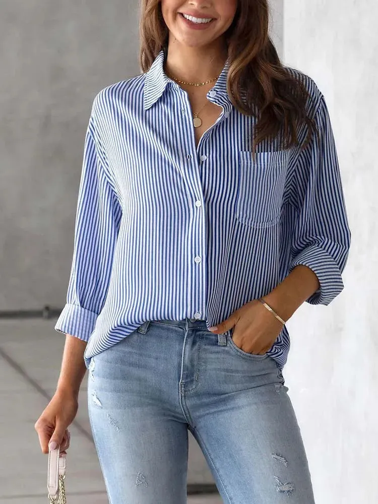 Blusas femininas camisas 2023 outono camisa listrada mulheres escritório senhoras botão acima feminino solto casual manga longa para 231208