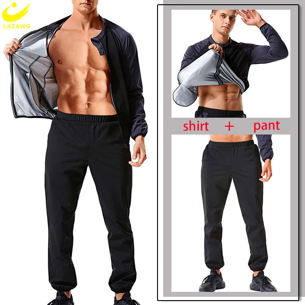 Mens Sauna Suit Sweat Jacket Pants Slimming Long Sleeve Top Weight Loss Set Zipper Thermal Workout Fiess Fat Burner