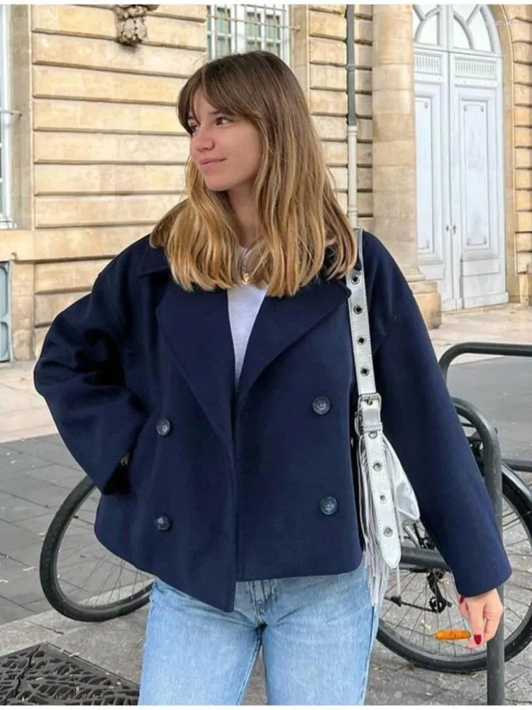 Women s Retro Lapel Double Breasted Short Coat Polyester Casual Jacket with Pockets Loose Long Sleeve Dark Blue 2024 Autumn Fashion