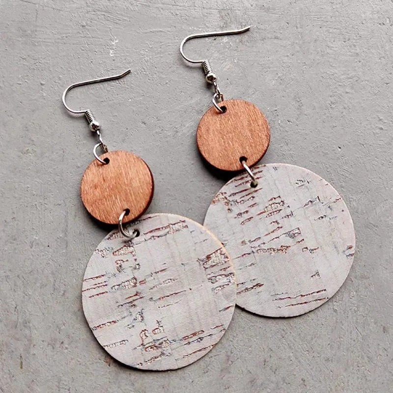 Dangle Earrings Simple Geometric Bark Pattern Leather Morandi Texture Round Wood Mosaic Bohemian Jewelry