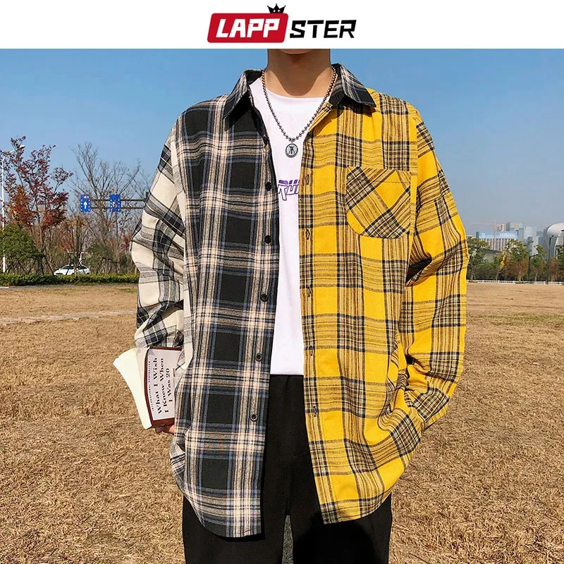 Camisas casuais masculinas Lappster homens oversized algodão xadrez camisa homem hip hop retalhos botão até camisa de manga longa casal coreano harajuku roupas 231208