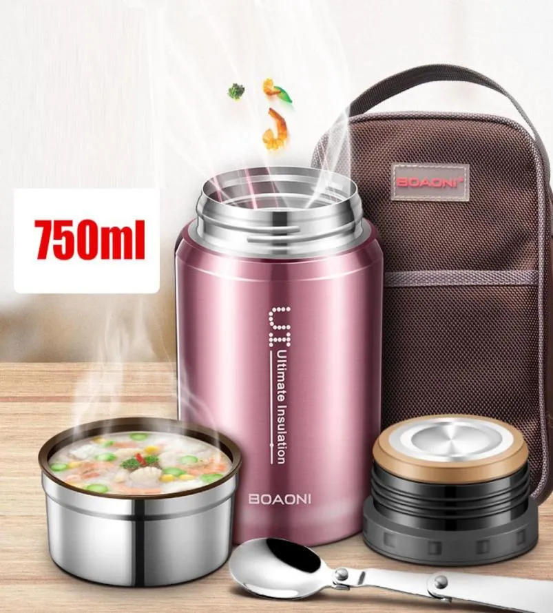 BOAONI 750ml Thermos Food Jar Vacuum Insulated Stainless Steel Thermal Kitchen Lunch Box Keep Heat Containers With Folding Spoon T1367848