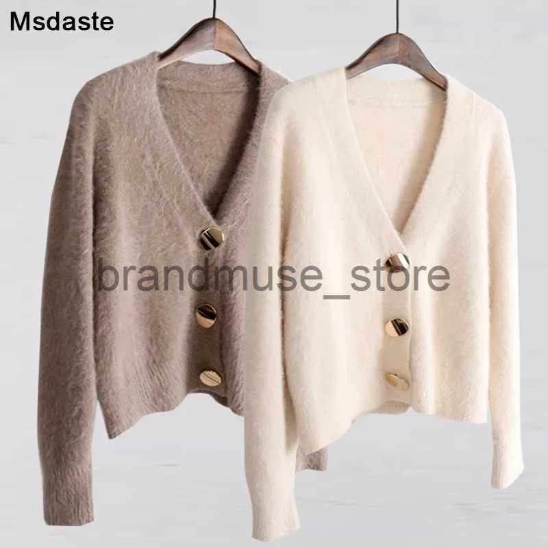 Women's Knits Tees Mohair Sweater Women Cardigans 2019 Winter V-neck Soft Knitted Tops Outwear solid White Brown Casual Woman Knitwear Sweaters J231208