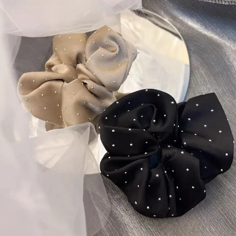 Black Satin Rhinestone Bow Scrunchie Oversized Hair Tie Glam Sparkle 2 PCS Large Rhinestone Bow Scrunchies Shiny Crystal Hair  main image 4