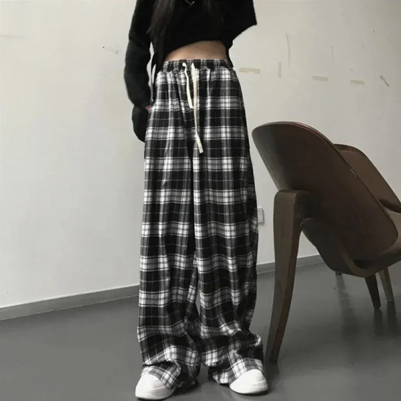 Dames jeans streetwear zwart-wit geruite broek losse unisex harajuku hoge taille wijde pijpen broek retro rechte joggingbroek 231207
