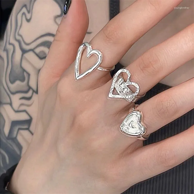 Klaster Pierścienie 925 Silver Planed puste Big Love Heart Finger Pierścień dla kobiet dziewczęta impreza Punk Hiphop Jewlery Gifts Akcesoria E1285