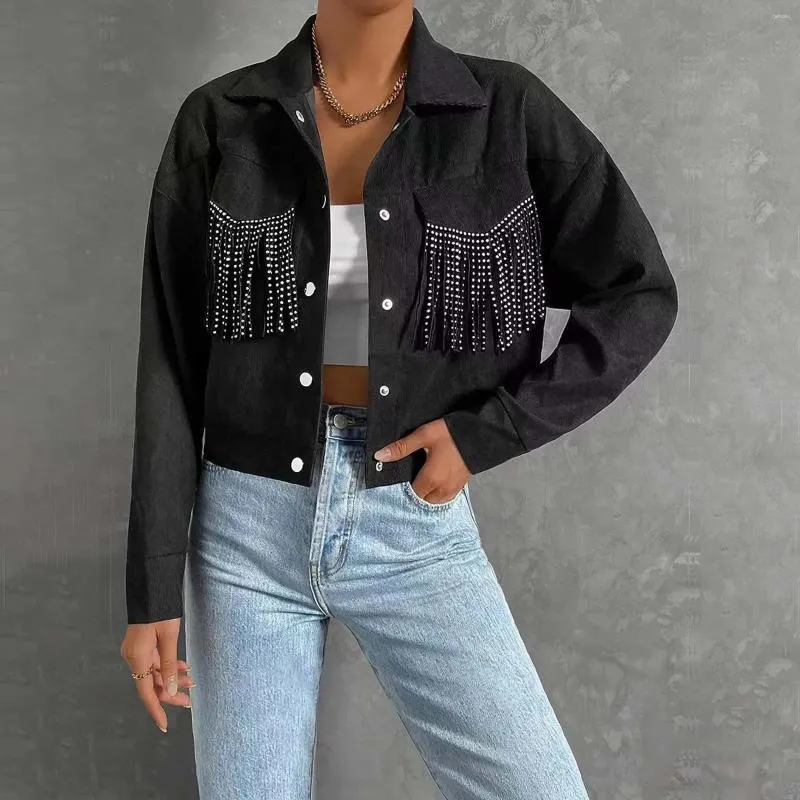 Kvinnans jackor 2024 Spring Autumn Denim Fringe Lapel Short Top Jacket Turtleneck Jean Long Sleeve Casual Chic Streetwear