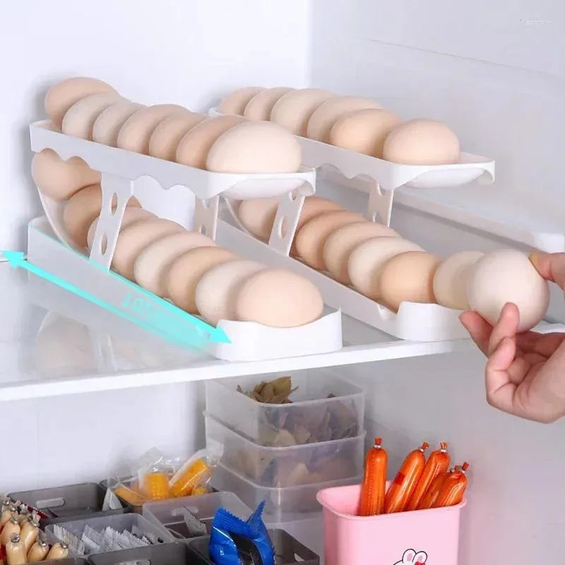 Storage Bottles Automatic Rolling Holder Rack Fridge Egg Box Container Kitchen Refrigerator Dispenser Organizer