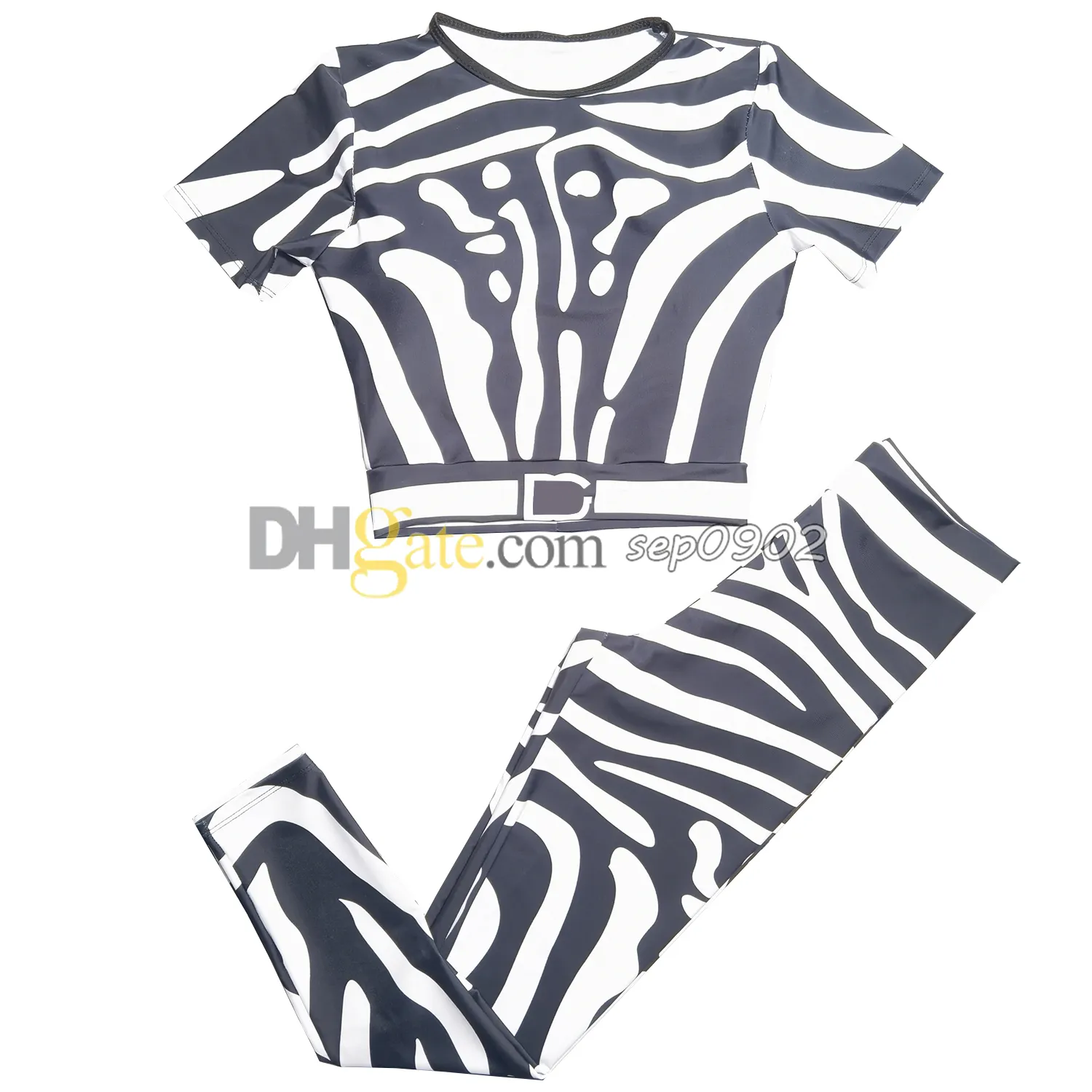 Zebra-Print-T-Shirt für Damen, Buchstaben-Druck, Trainingsanzug, elastische Taille, Gymnastikhose, kurze Ärmel, Yoga-T-Shirt