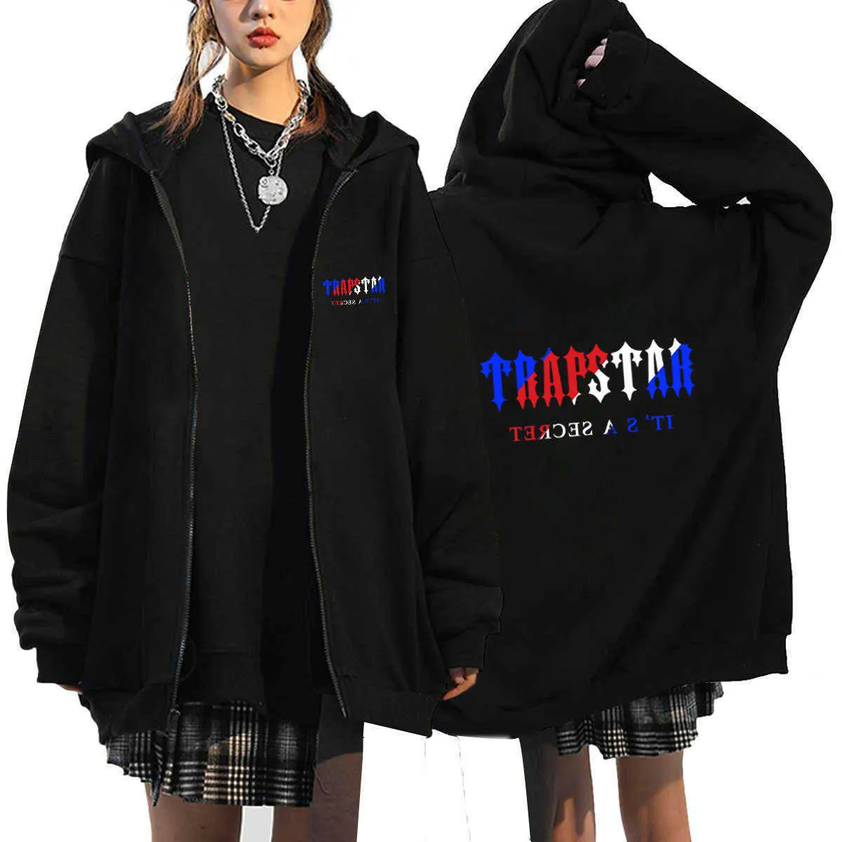 Sudaderas con Capucha para Hombres Sudaderas Suéter Deportivo Informal para Hombres y Mujeres Estampado de Letras Trapstar Suéter Suelto con Cremallera de Lana Cárdigan con Dobladillo Inferior Roscado