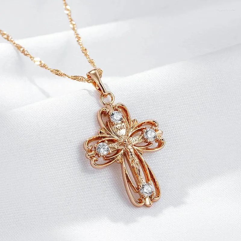 Pendentif Colliers WBMQDA 585 Rose Gold Couleur Croix Crucifix Jésus et collier pour femmes hommes classique simple zircon bijoux accessoires