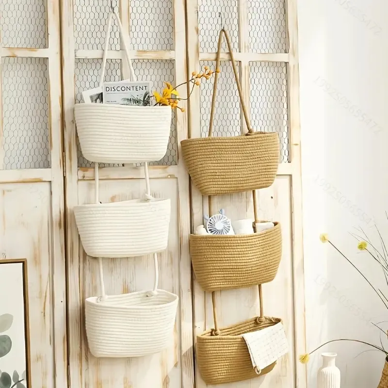 Storage Baskets Woven Hanging Organizing 3 Tier Wall Basket Decorative Boho Mounted Cotton Over for Living Room 231206