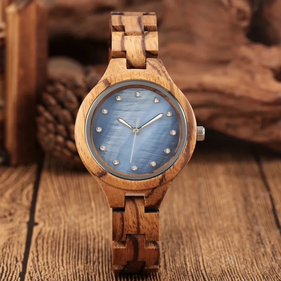 Autres montres Charme Concise Cadran bleu Quartz Montre en bois Dames Bracelet réglable Bracelet Poignet Femme Reloj Mujer 231207