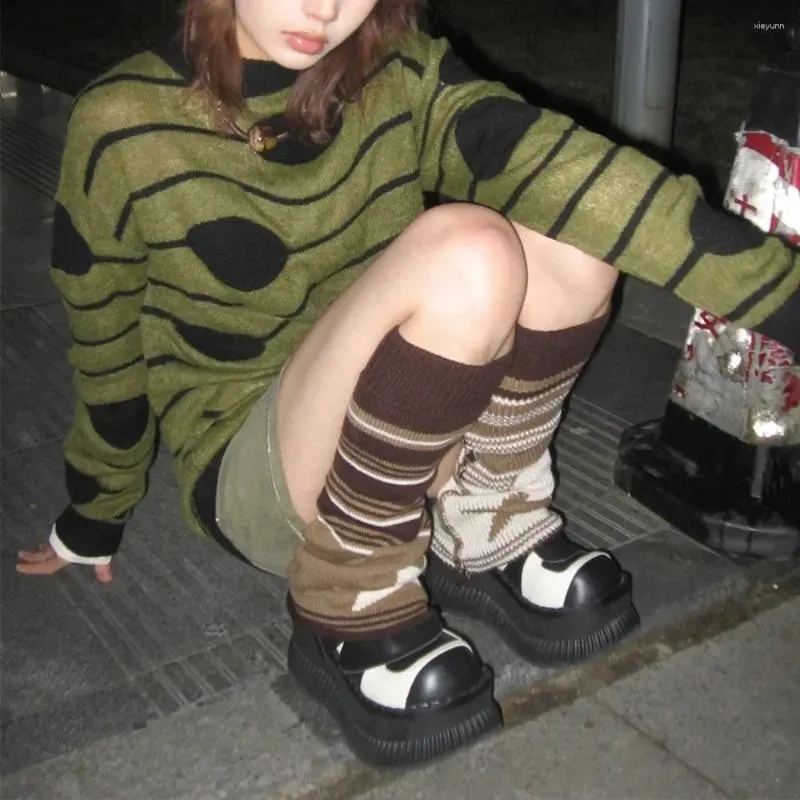 Kvinnors strumpor y2k harajuku sexig randig stickad lolita täcker slouch boot manschett ärmar