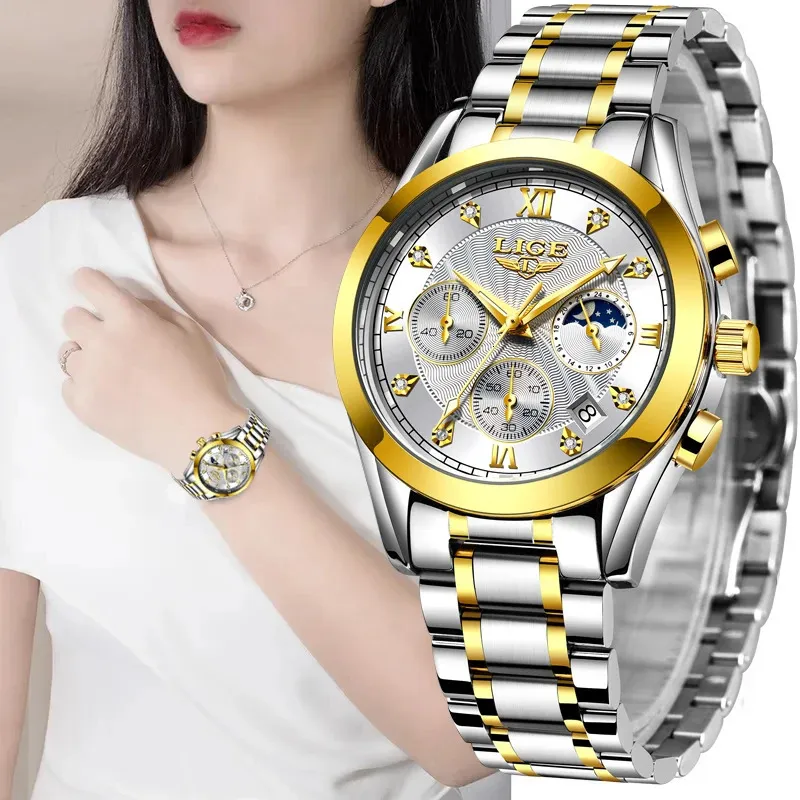 الساعات الأخرى Lige 2023 Gold Watch Women Ladies Creative Steel Women's Bracelet Female Clock Relogio Feminino Y231207